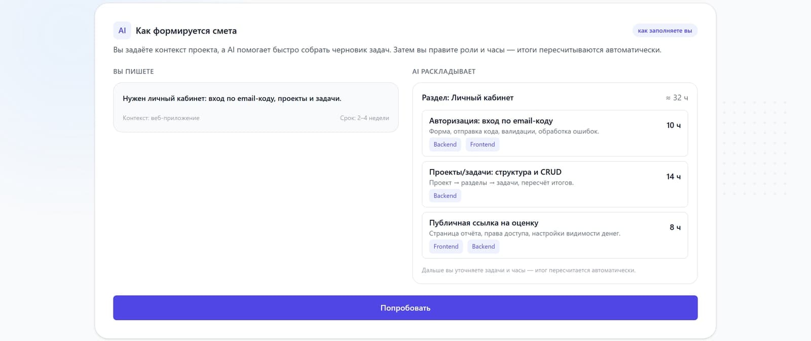 Блок «Как формируется смета»: слева описание проекта, справа AI раскладывает его на задачи с ролями и часами